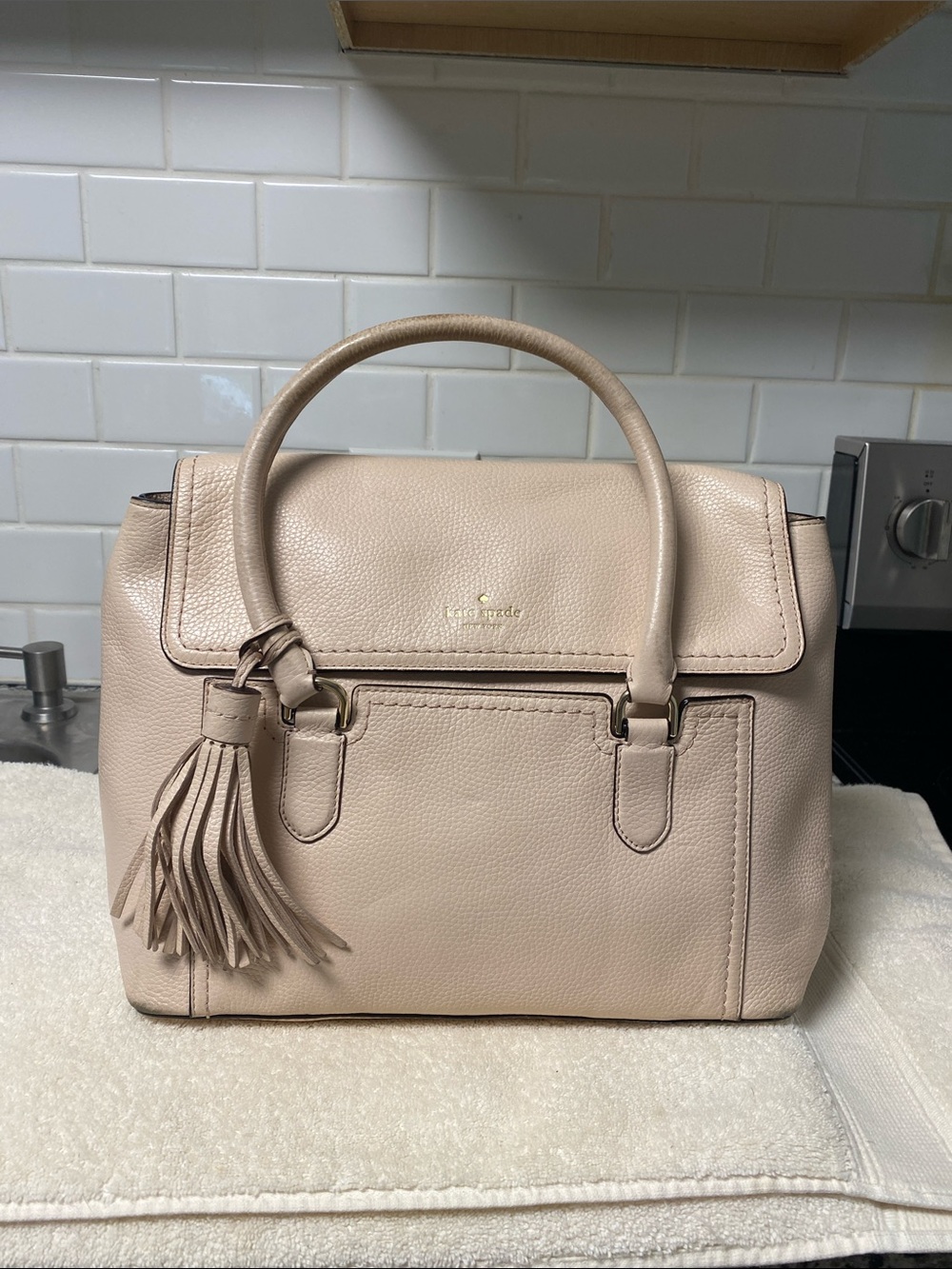 kate spade Blush Beige Pebbled Leather Satchel with Tassel